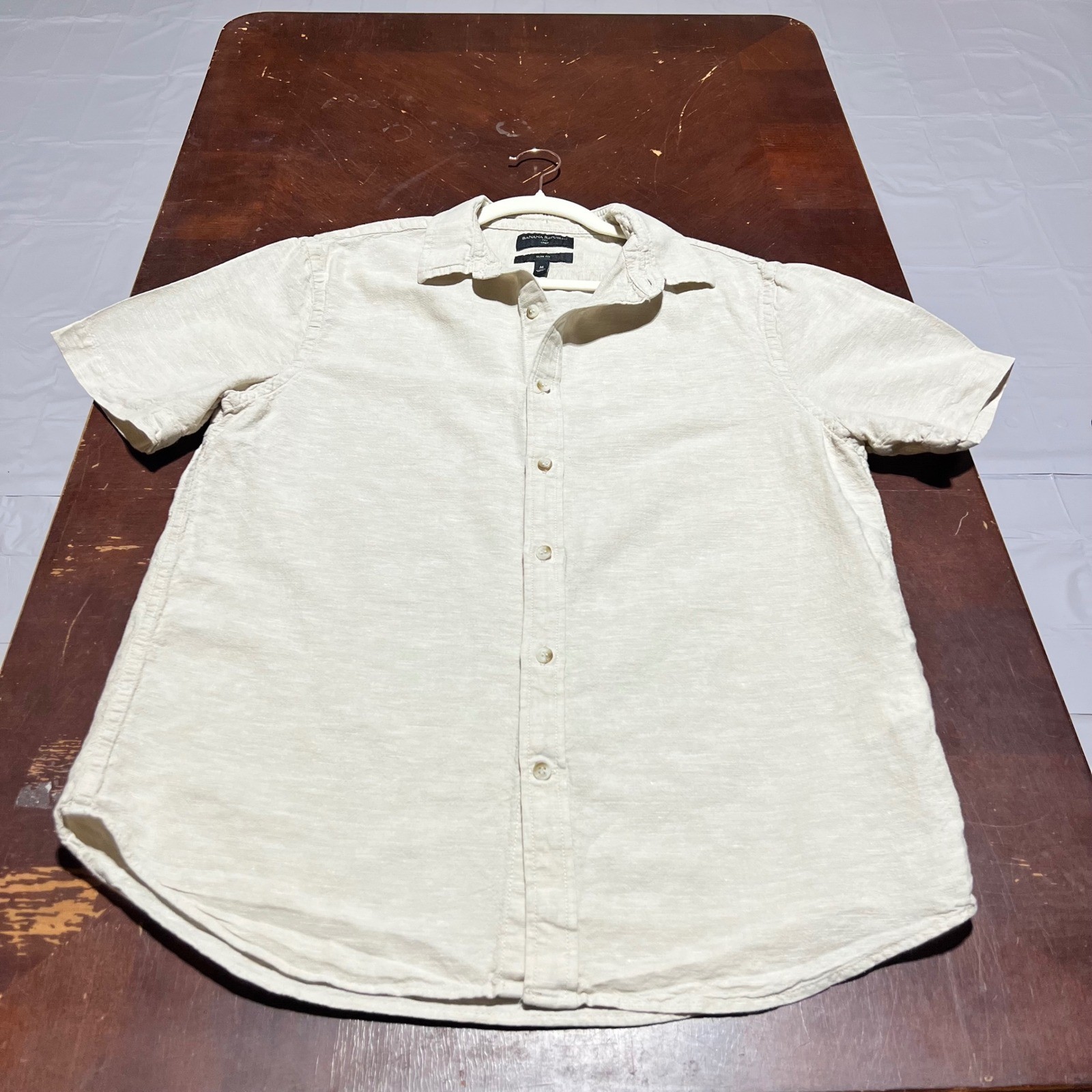 Banana Republic Mens Slim Fit Linen Cotton Short Sleeve Shirt Beige 585585-04 M