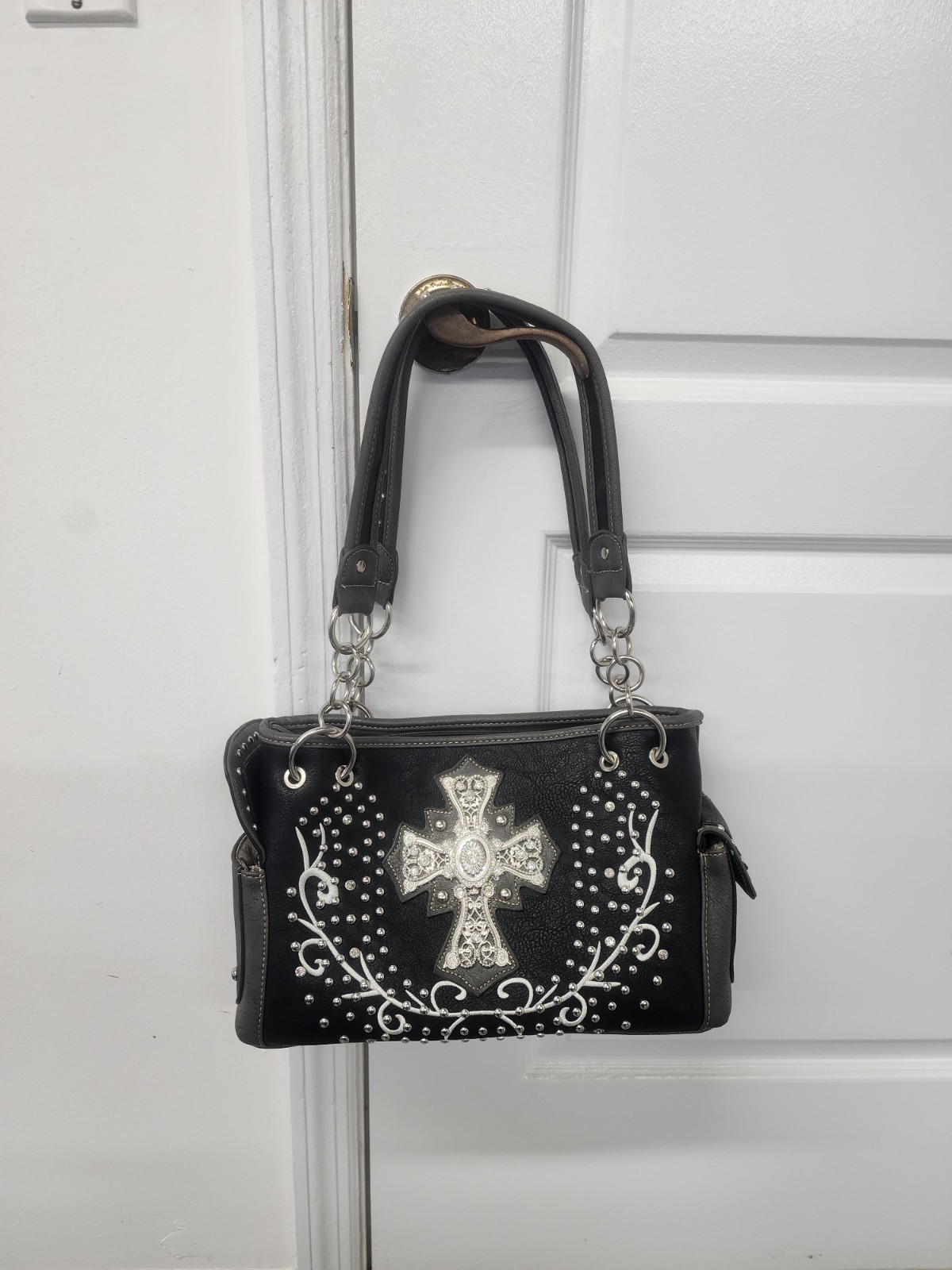 Vintage Y2K Rhinestone Cross Western Gothic Black Leather Handbag Purse