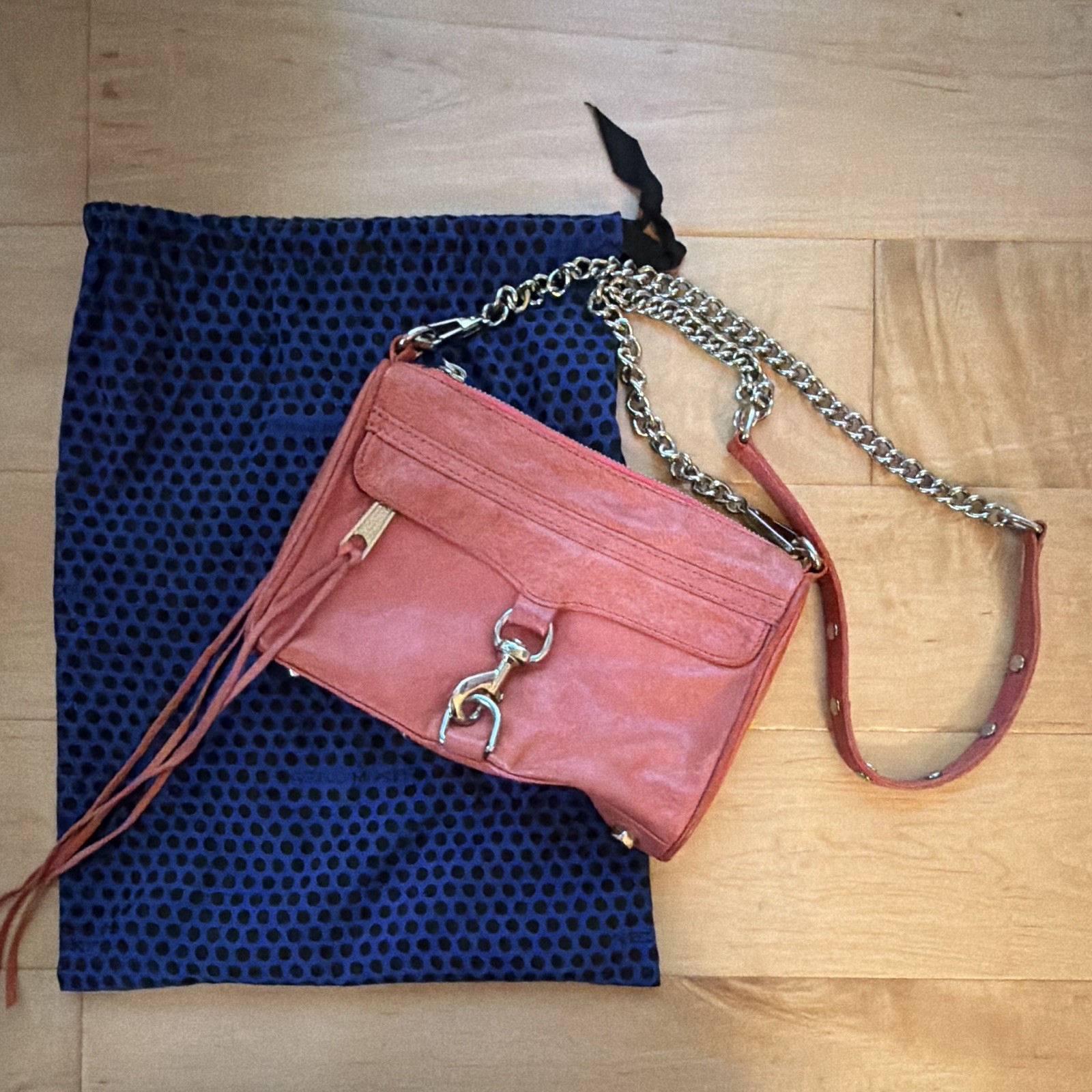 Rebecca Minkoff Pink Crossbody Bag, Silver Hardware, Zip, Chain Strap, Dust Bag