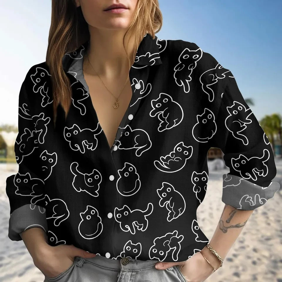 Black Cat Cartoon Shirt Funny Spooky Halloween Pet Women Blouse Casual Gift