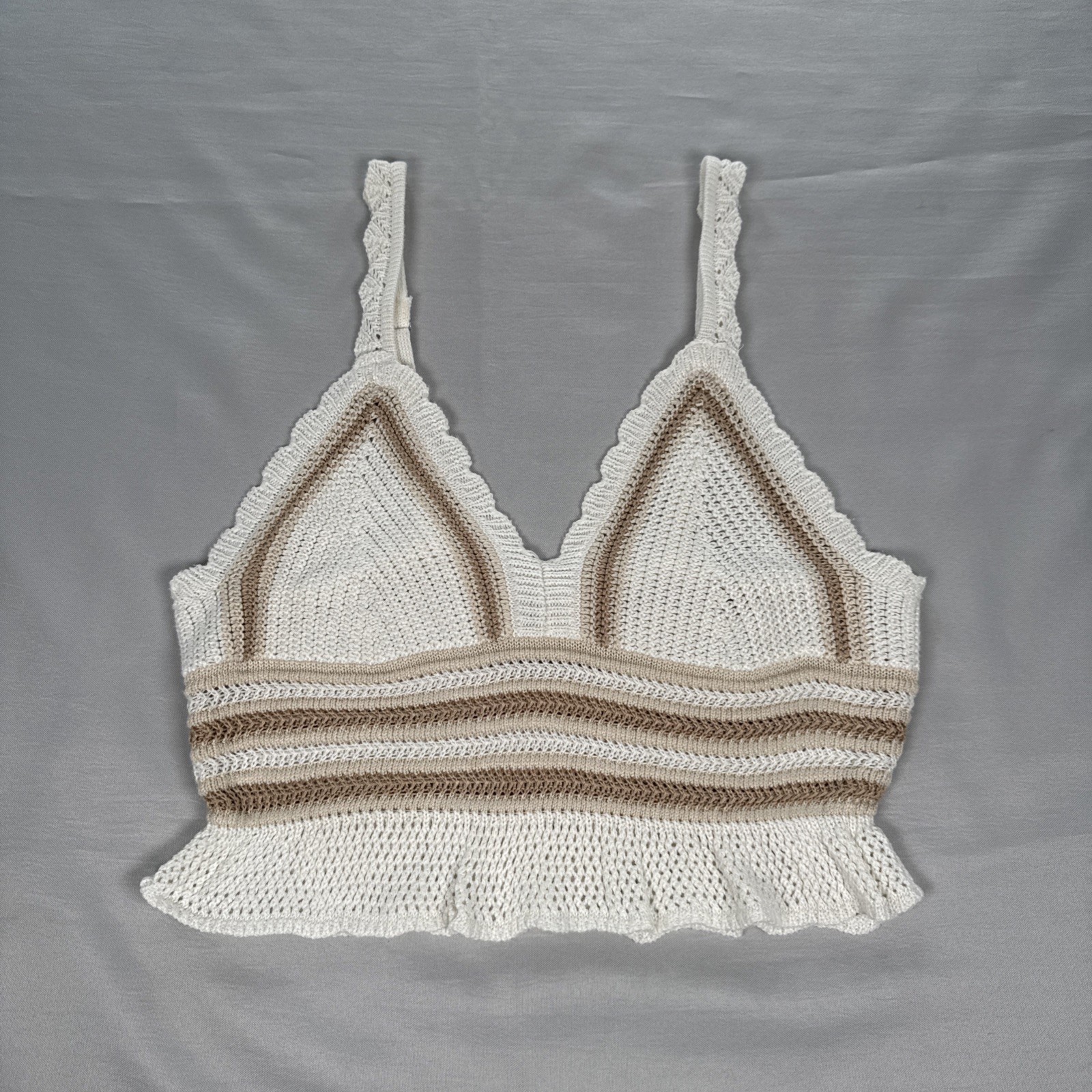 Madden NYC Crochet Lace Top Womens Large Boho Ruffle Trim Knit Festival Ivory