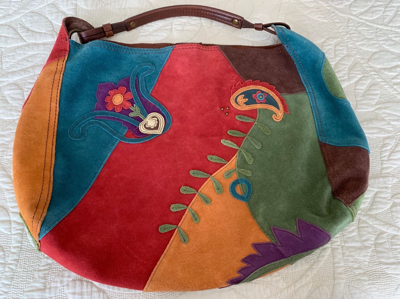 LUCKY BRAND LEATHER SUEDE BOHO SHOULDER BAG HIPPIE HANDBAG PATCH WORK FLOWERS
