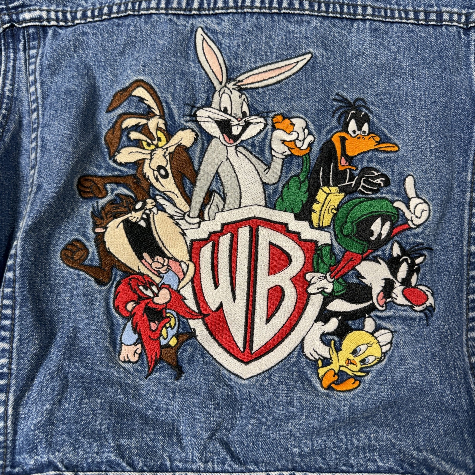 Vintage Warner Bros Jacket Kids Small Blue Denim Looney Tunes Back Graphic 90s