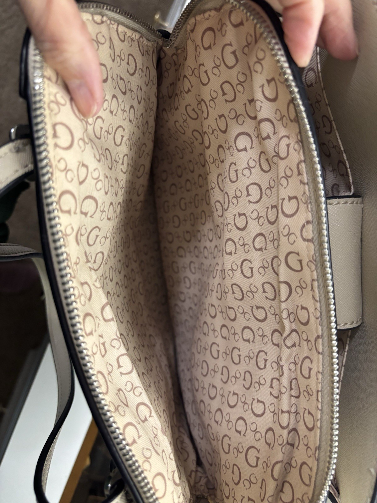 GUESS Beige Double Zip Satchel Top Handle Bag w/ Detachable Strap, Pockets