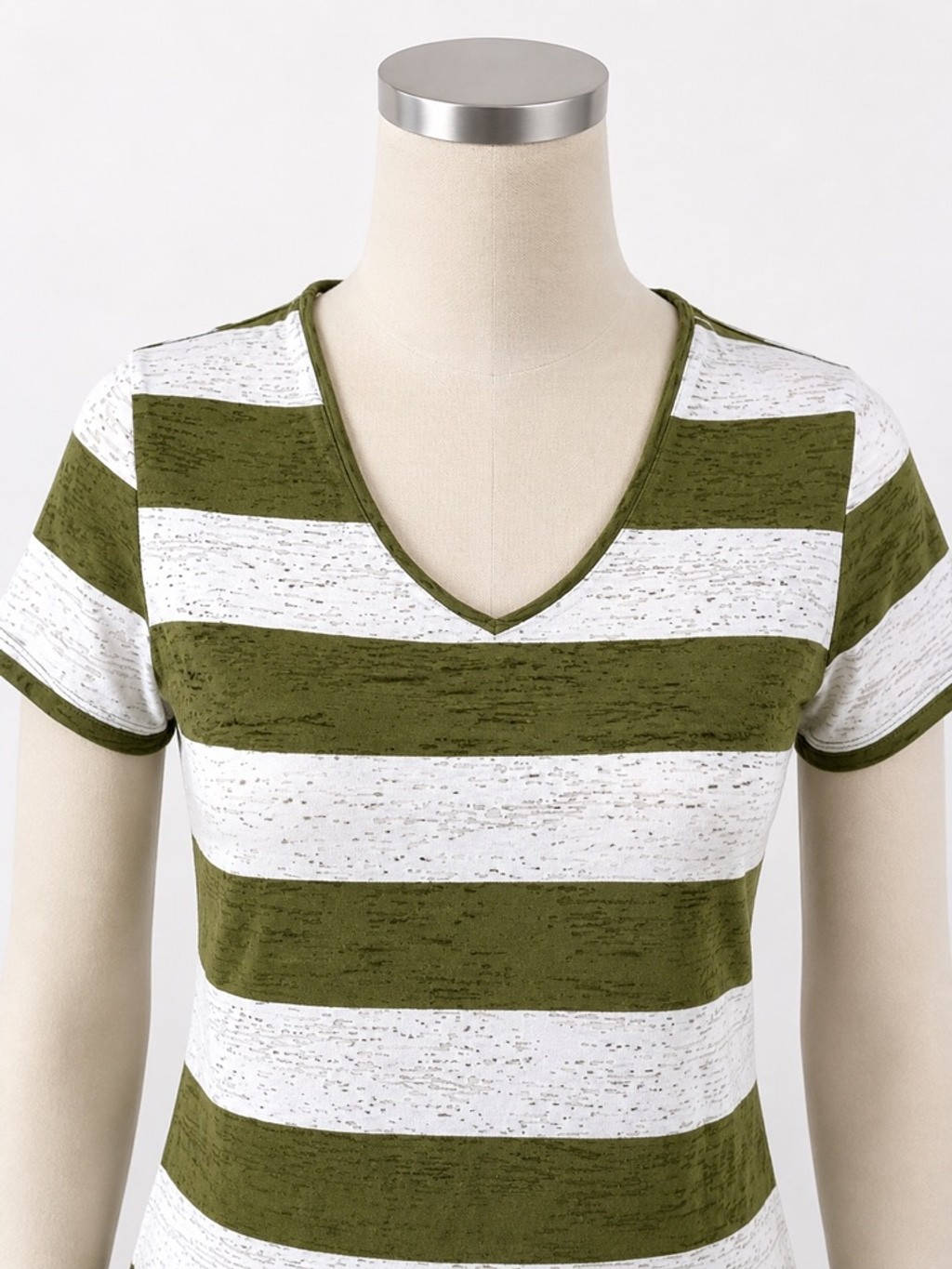Cato Olive Green & White Striped Burnout V-Neck Tee – Size S