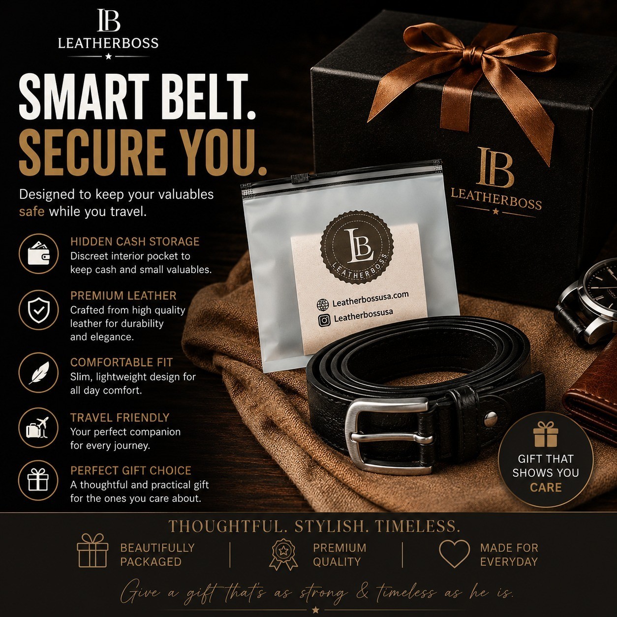 Genuine Leather Men Casual Money Zipper Safe Black Belt M.L.XL.XXL. 1.1/4″ Wide