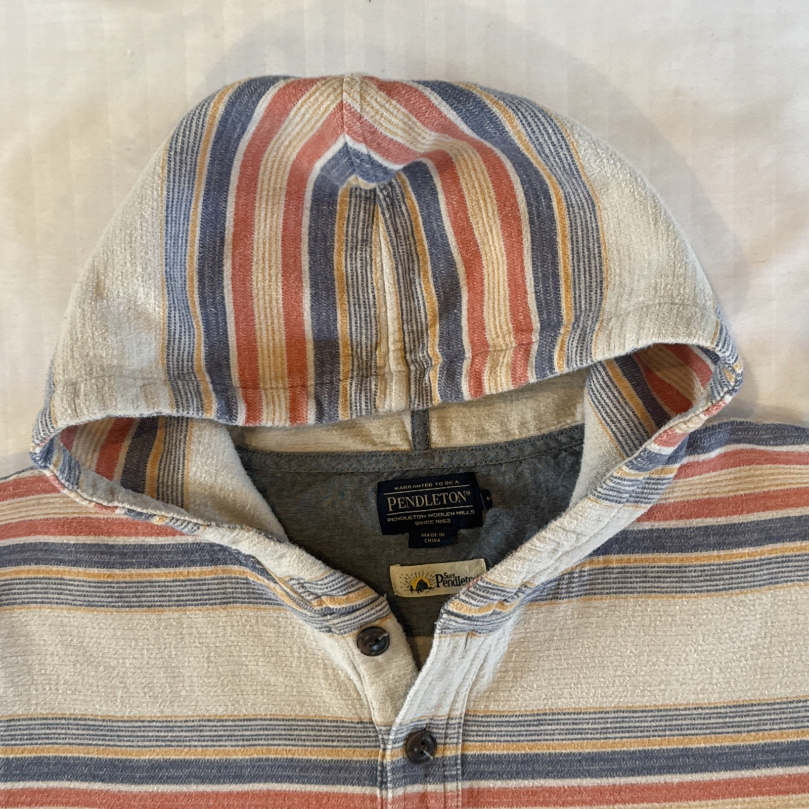 Pendleton Surf DoubleSoft Hoodie Mens Medium Striped Cotton Henley Baja Pullover