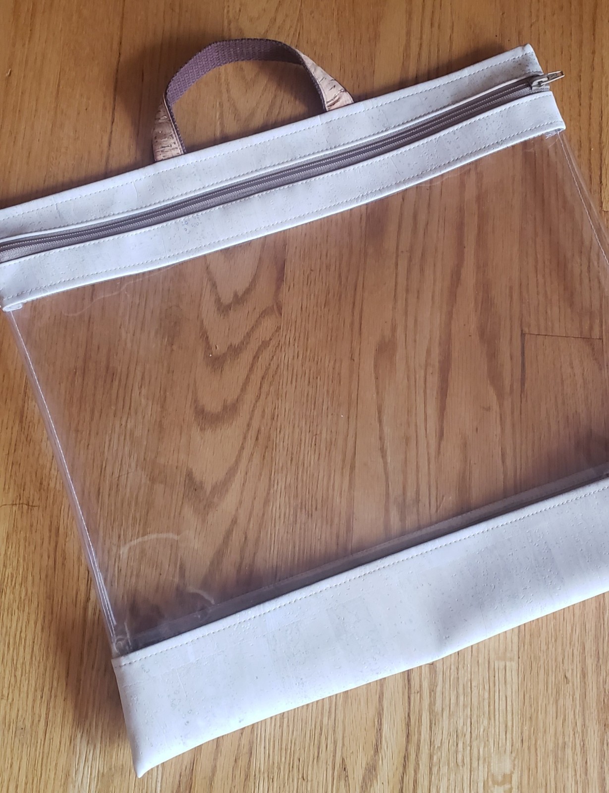 TOTE 15″ x 16″ bag CORK & clear vinyl ZIPPER see thru CARRY storage TRAVEL