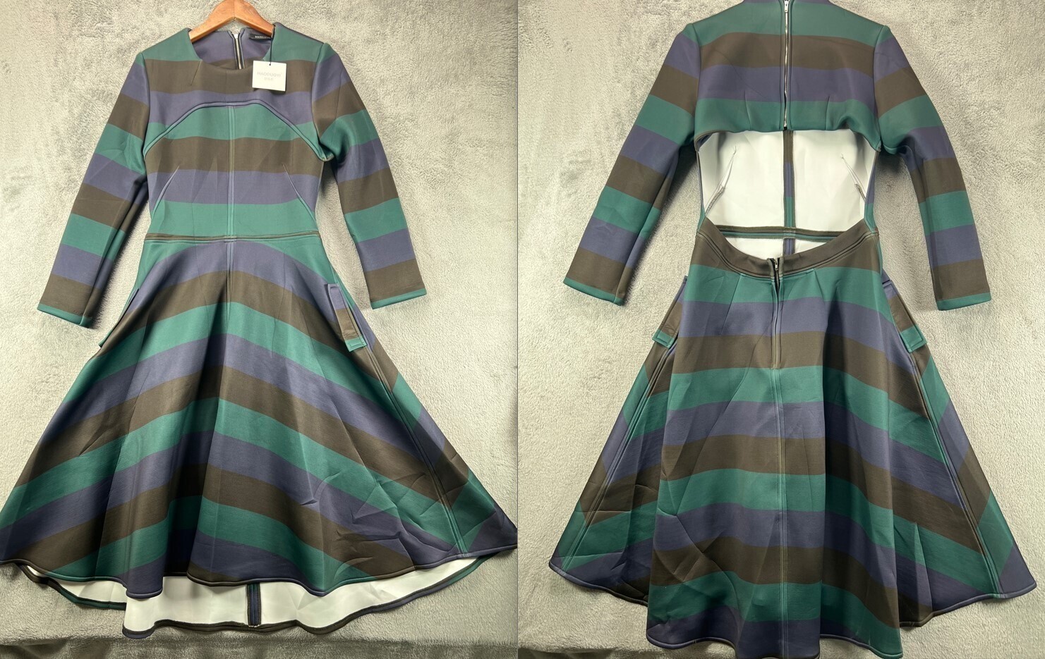 HAODUOYI Juniors 2XL Dress Green Stripe A Line Flare Open Back Long Sleeve NWT