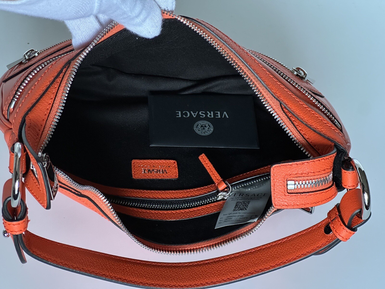 NWT $1925 Versace Silver Medusa Head Calf Leather Small Orange Hobo Bag 1007680