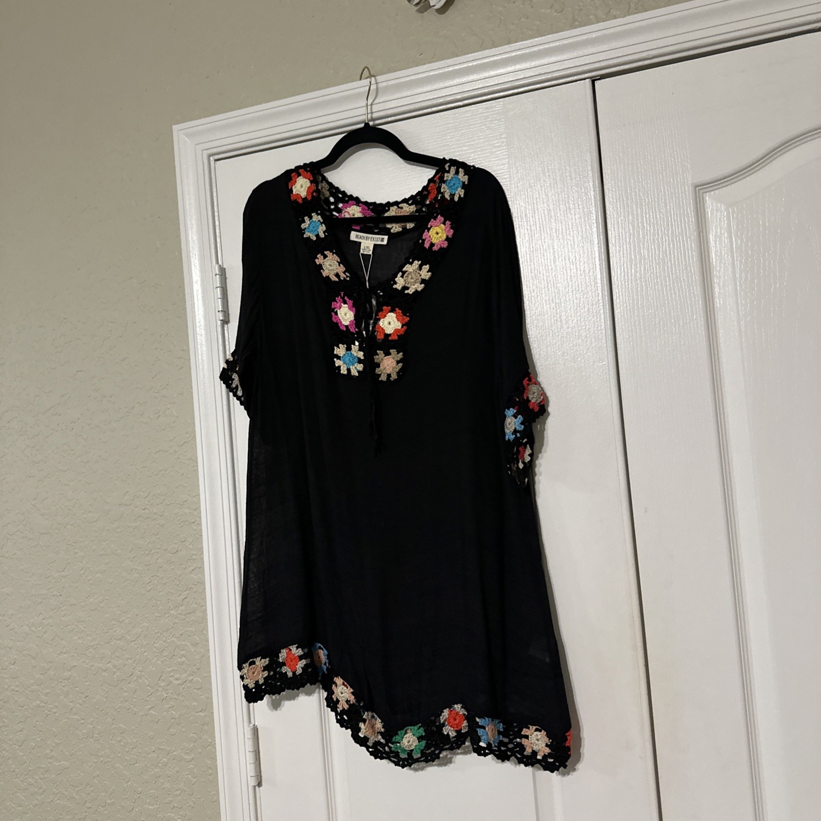 Beach By Exist Beach Coverup Black With Crochet Multi Colored Flowers One Size