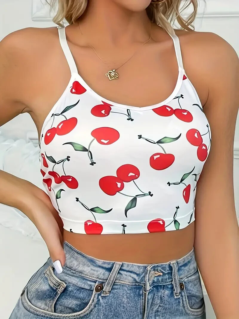 NEW Small. Red Cherry Crop Top Poly Knit Open Neck. HUGE RED BUTTERFLY On Back