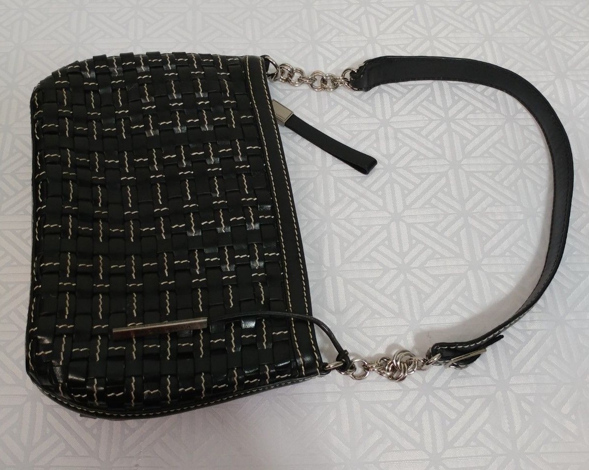 ELLIOTT LUCCA Woven BLACK LEATHER WHITE THREADED PURSE SHOULDER BAG Handbag