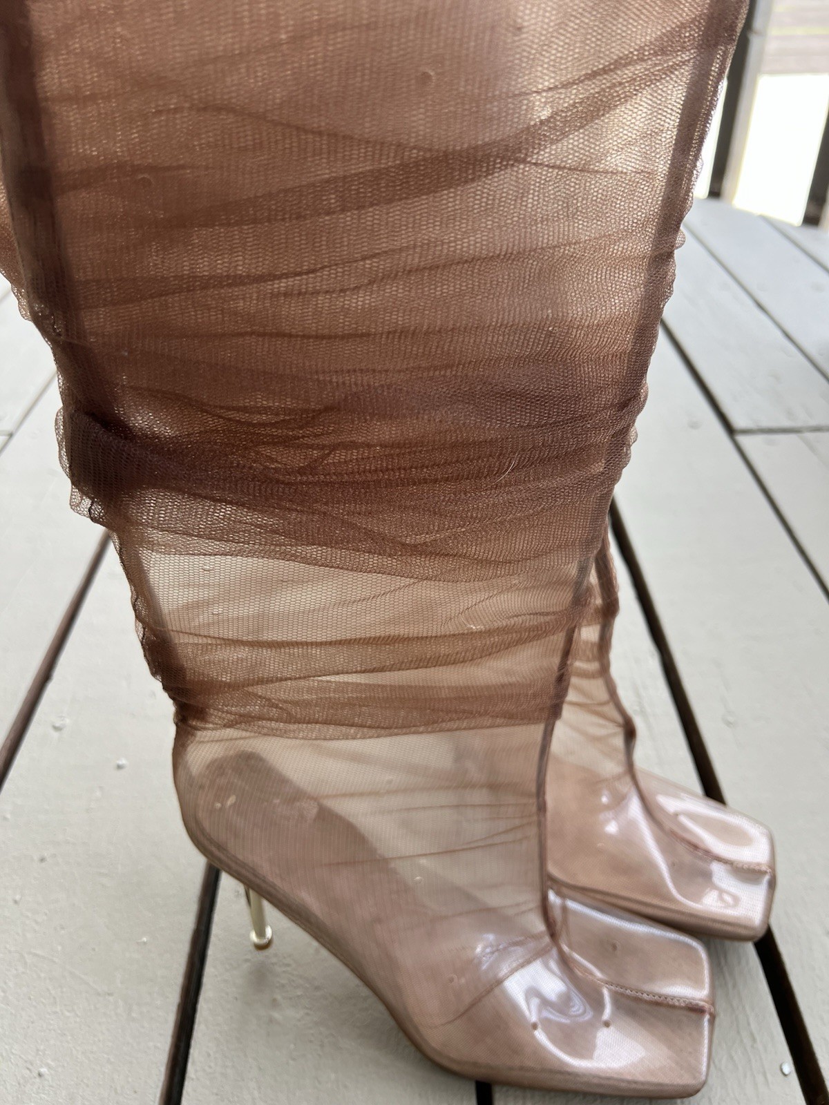 BFlyLA Knee High Brown; PVC, air holes, 4-inch gold heel, and brown mesh 10.5