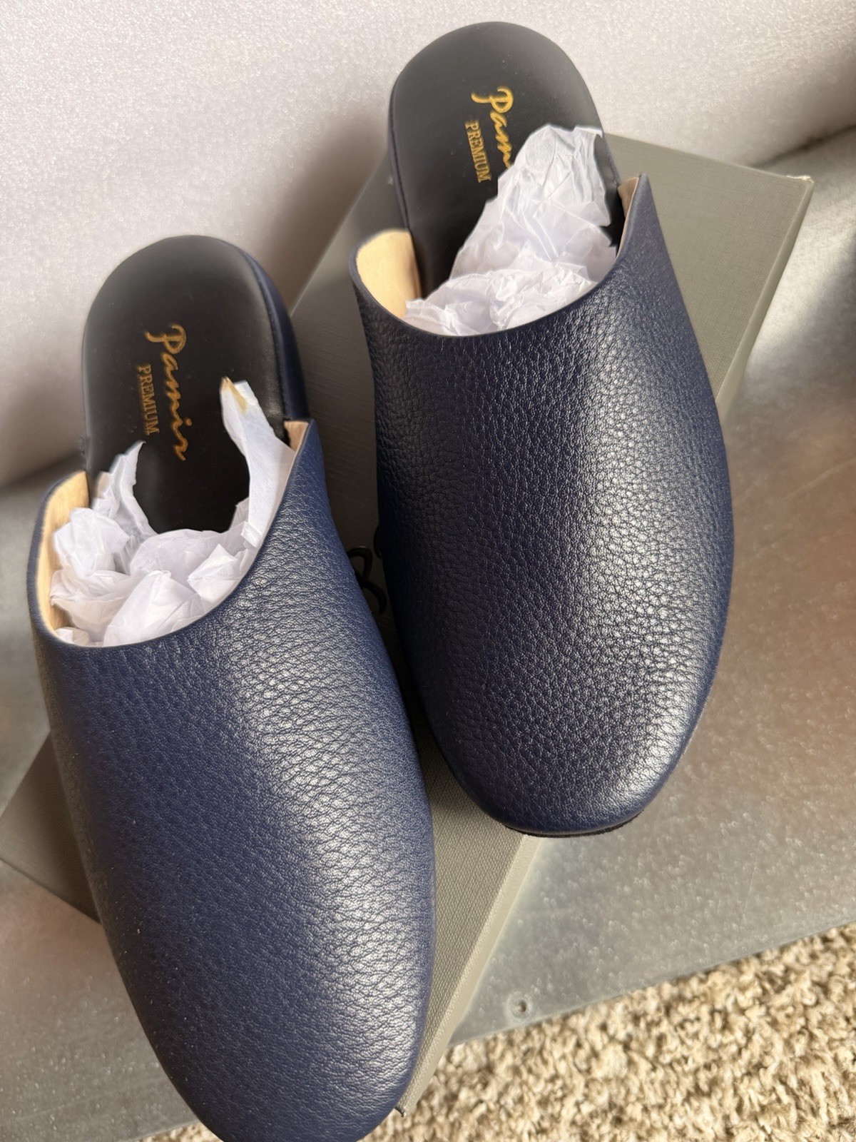 Pamir Premium Men’s Blue Leather Slip-On Slippers Comfort Suede Sole US 8