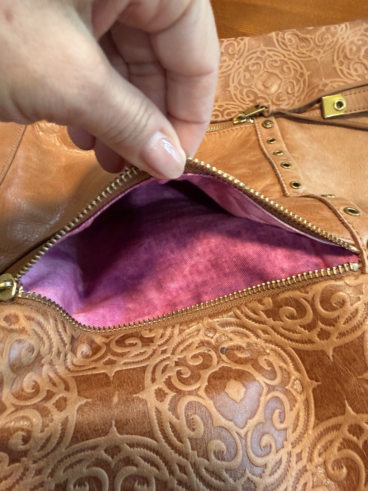 The Sak Brown Embossed Floral Tote Bag Zip Top Purple Lining Pockets Tassel