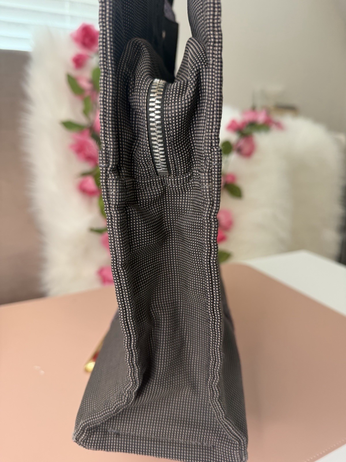 Hermes Vintage Herline MM Canvas Tote Bag Charcoal Grey