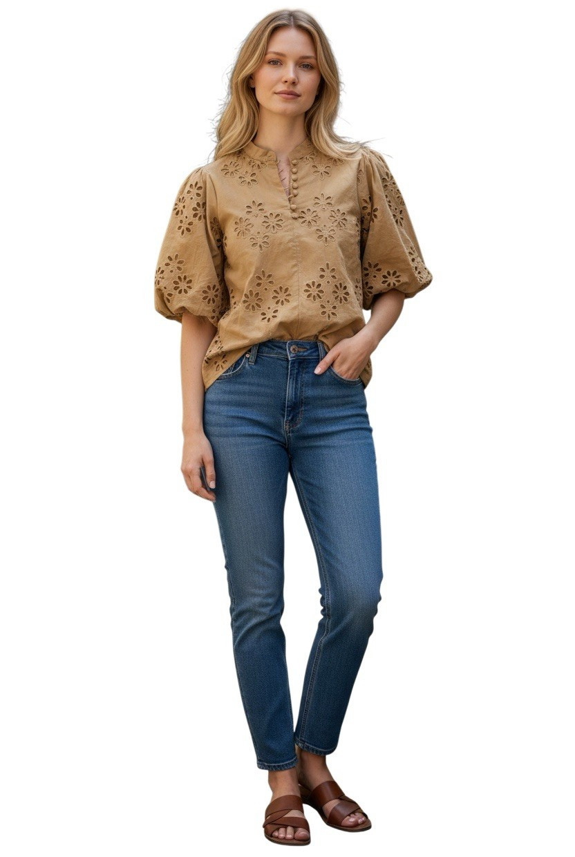 NWT Ann Taylor Women’s Small Tall Eyelet Floral Puff Sleeve Blouse Tan