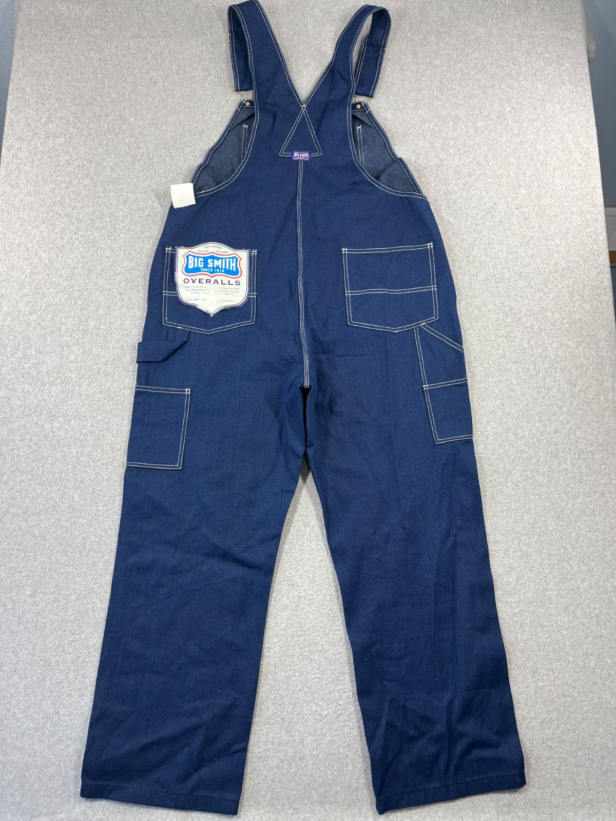 Big Smith Bib Overalls Mens 40×30 Blue Denim Triple Sticth Zipper Fly Carpenter