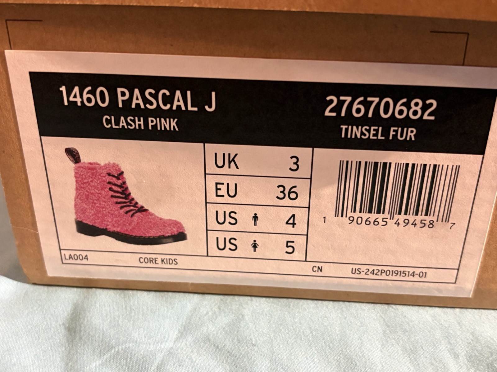Dr. Martens 1460 Pascal J Combat Ankle Boot Faux Fur Pink/Black Zip US 4