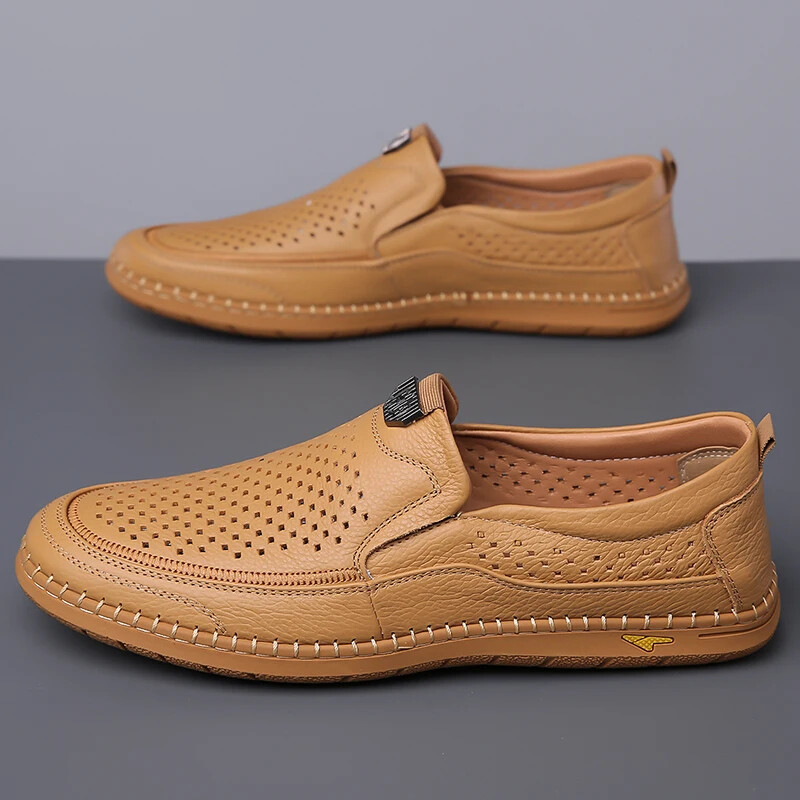 Men’s Casual Breathable Loafer Genuine Leather Moccasin Hollow Out Driving Shoes