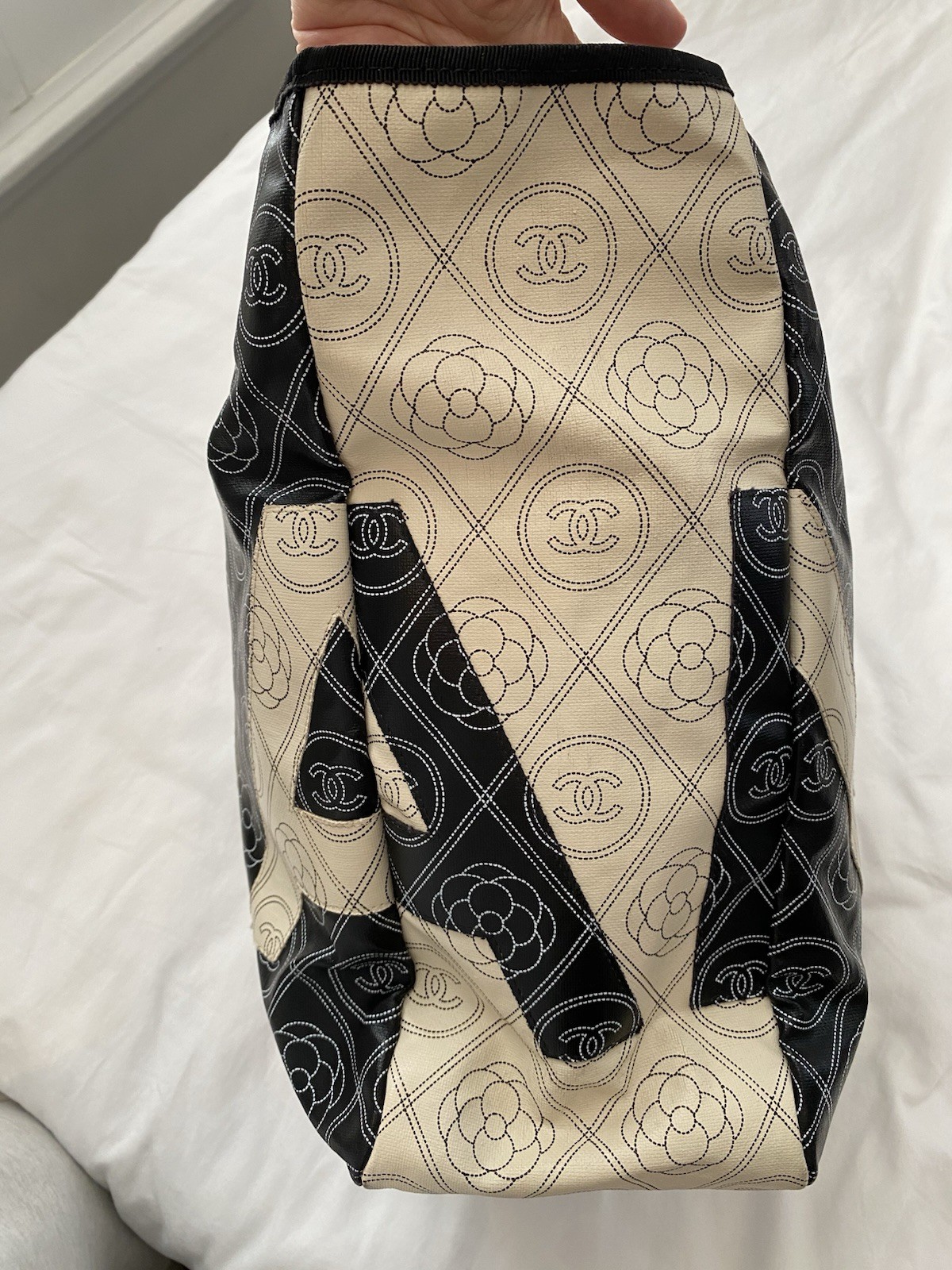 CHANEL Large Deauville Camellia Shopping Coated Canvas Tote Bag Black Beige✨