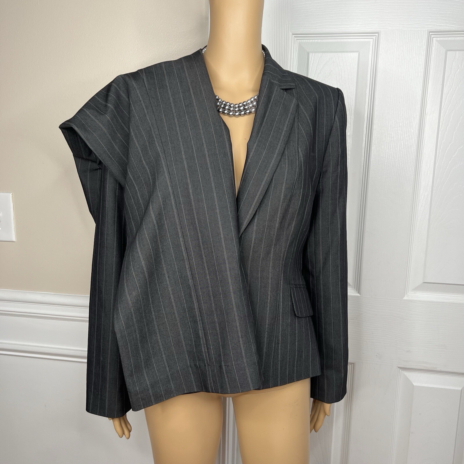 Nine West Polyester Rayon Stretch Pant Suit Size 10 Gray Striped Lined 2PC