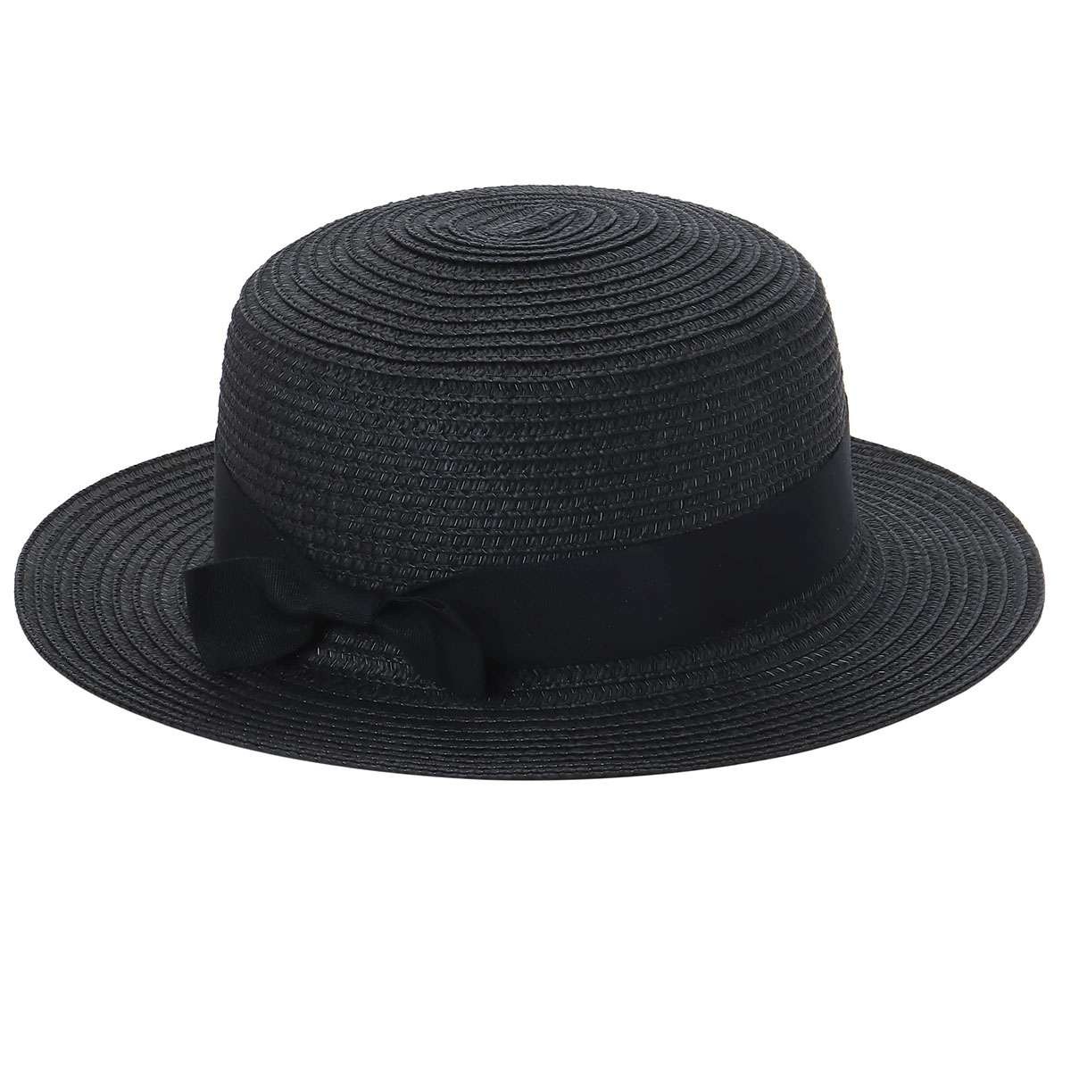 Women Flat Top Straw Boater Wide Brim Sun Hat Black Ribbon Bow Summer Beach Cap