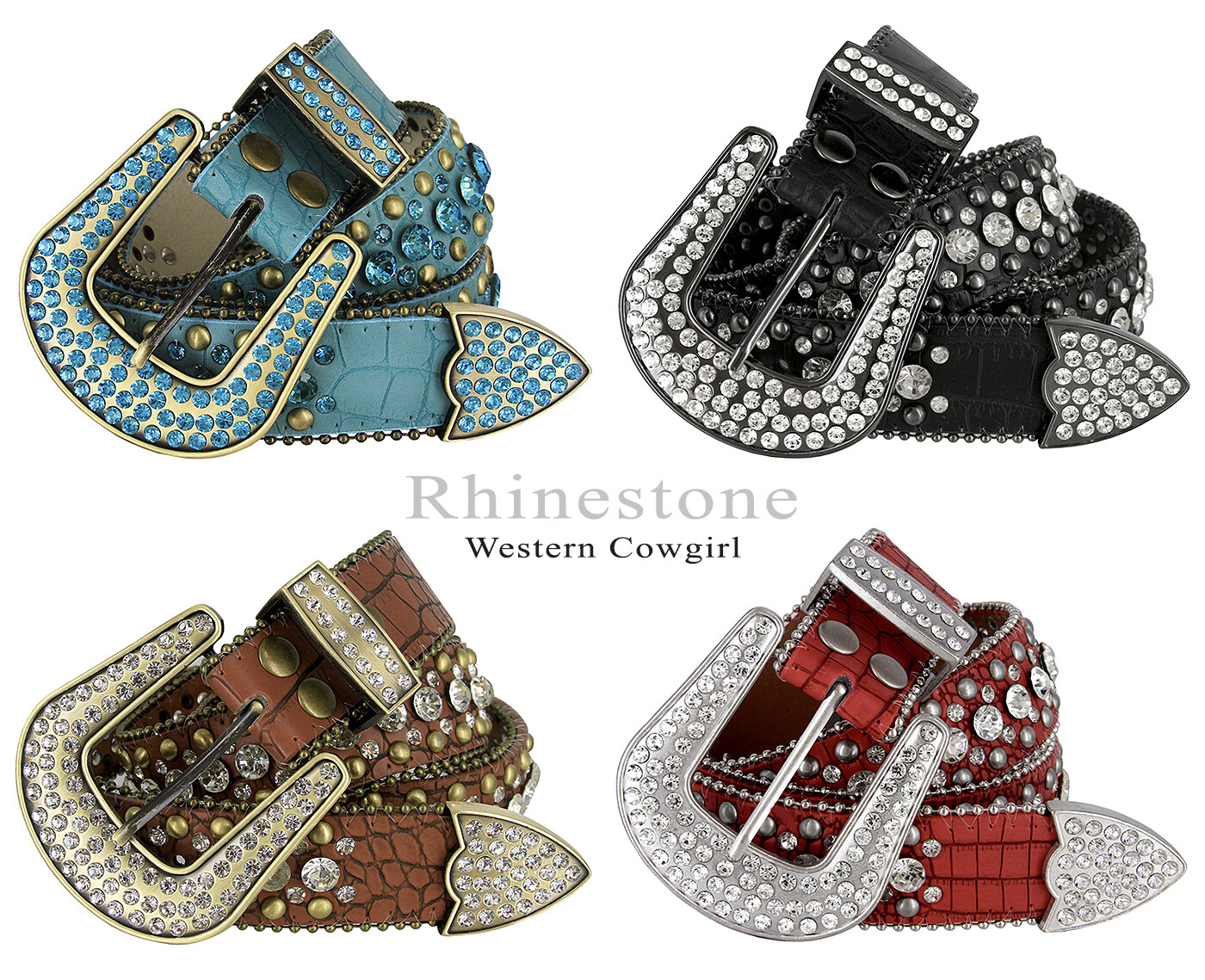 Rhinestone Western Cowgirl Bling Studded Design Leather Belt 1-1/2″ (38mm) wide