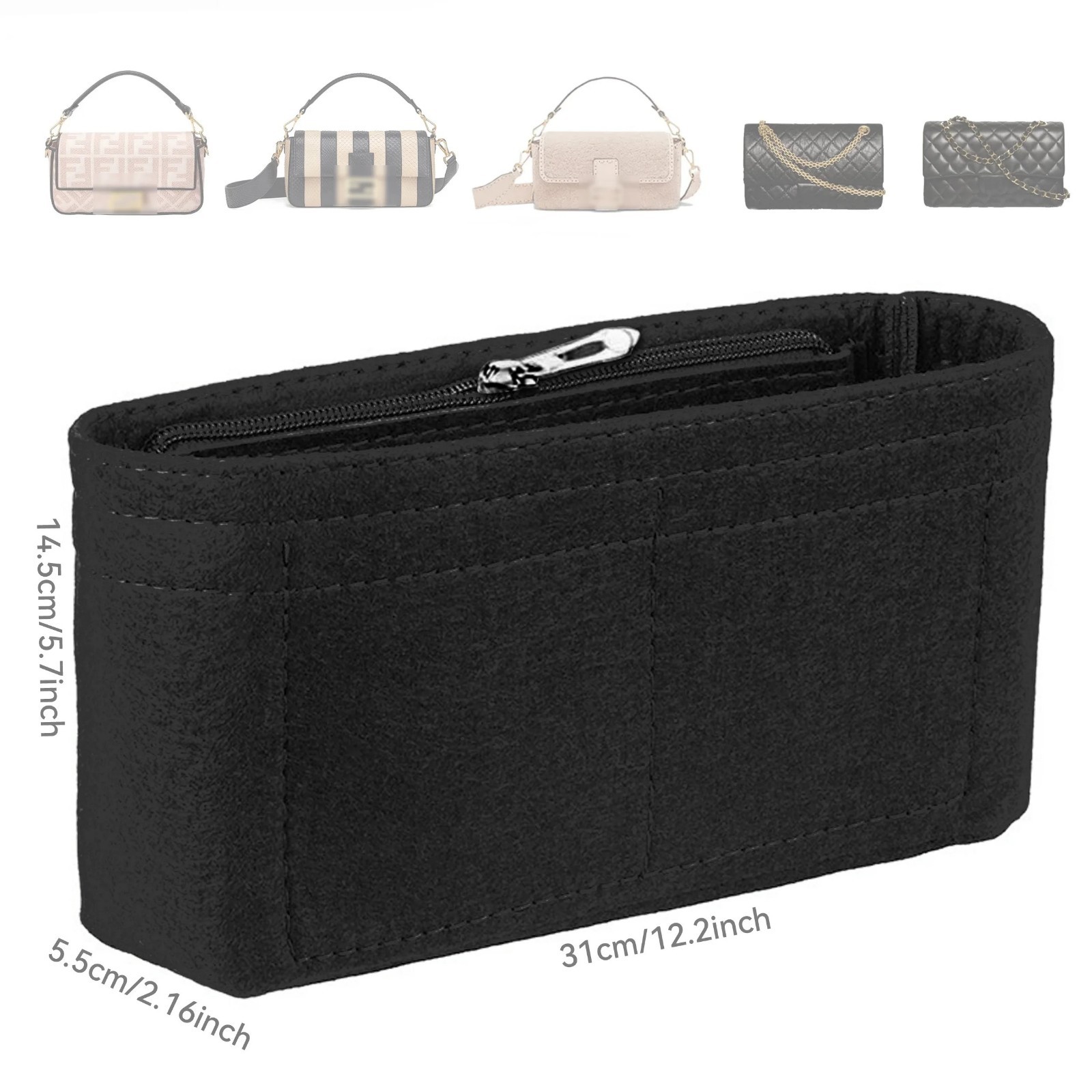 Felt Bag Organizer Insert with Zipper Multi Pocket Purse Liner Handbag Organizer