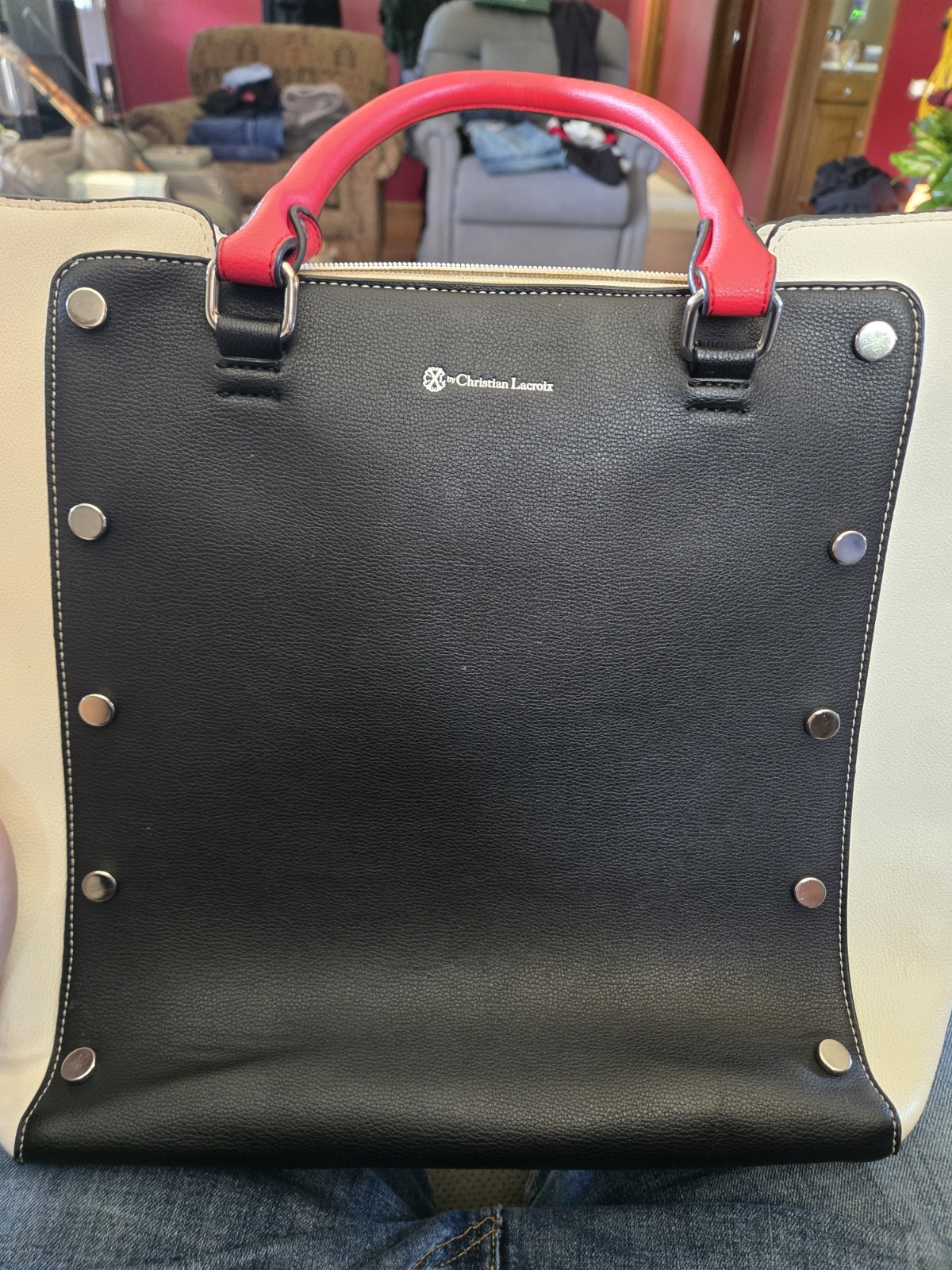 Christian Lacroix Colorblock Tote Black White Red Handles Zip