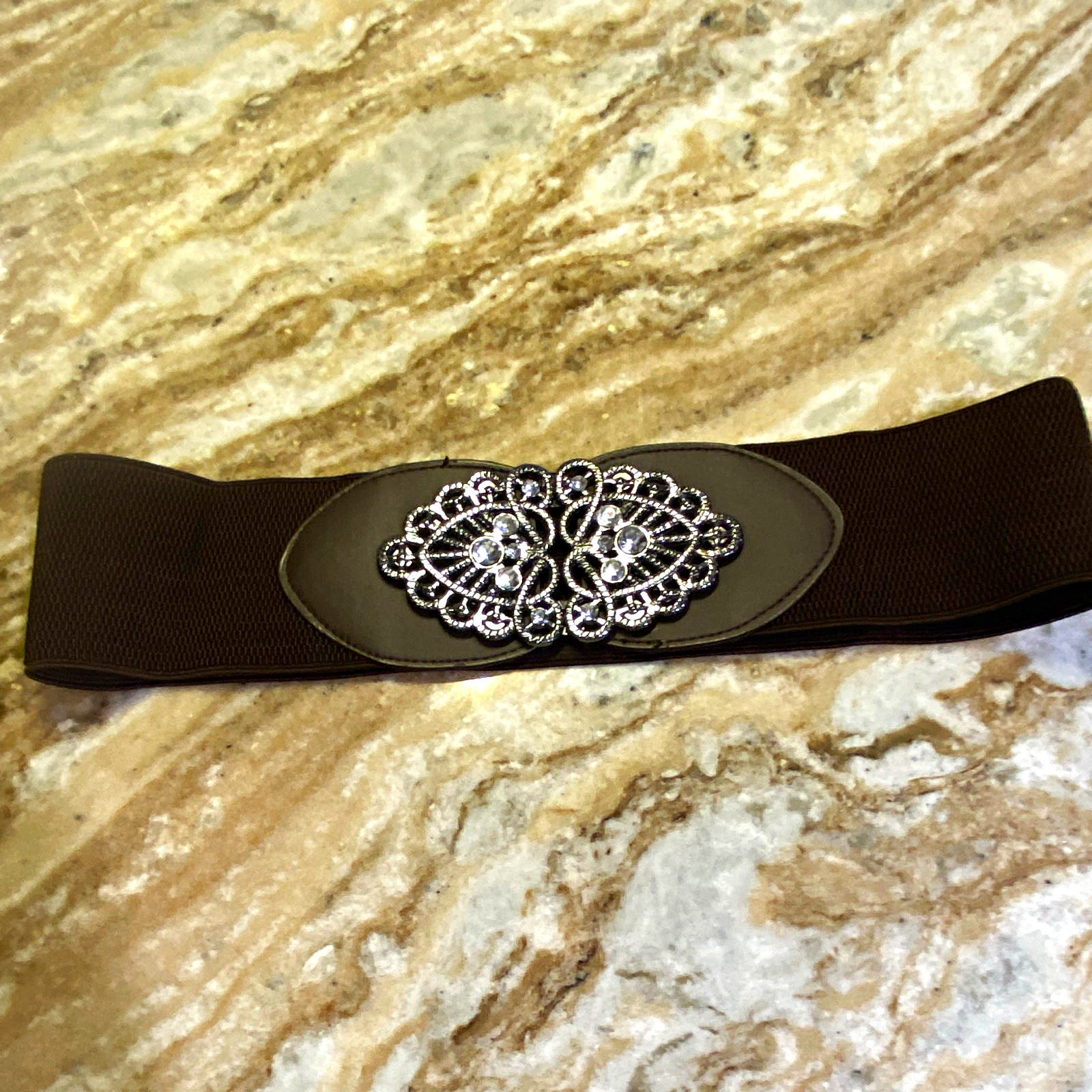 Women’s Brown Wide Elastic Stretch Waist Belt Rhinestone Buckle, S/M Regular