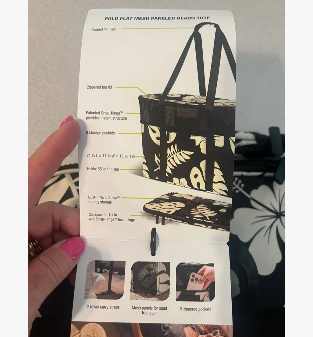 Aloha Collection CleverMade Foldable Mesh Beach Tote Black White Floral Zip