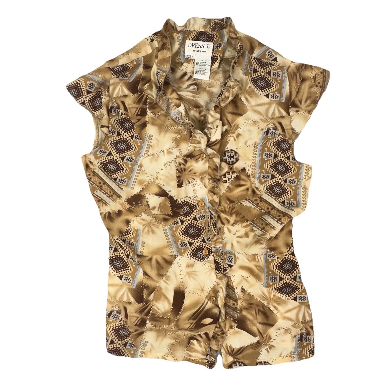 Vtg Y2K Dress-U Sharon Boho Ruffle Blouse Size 12 Tan Geometric Eclectic