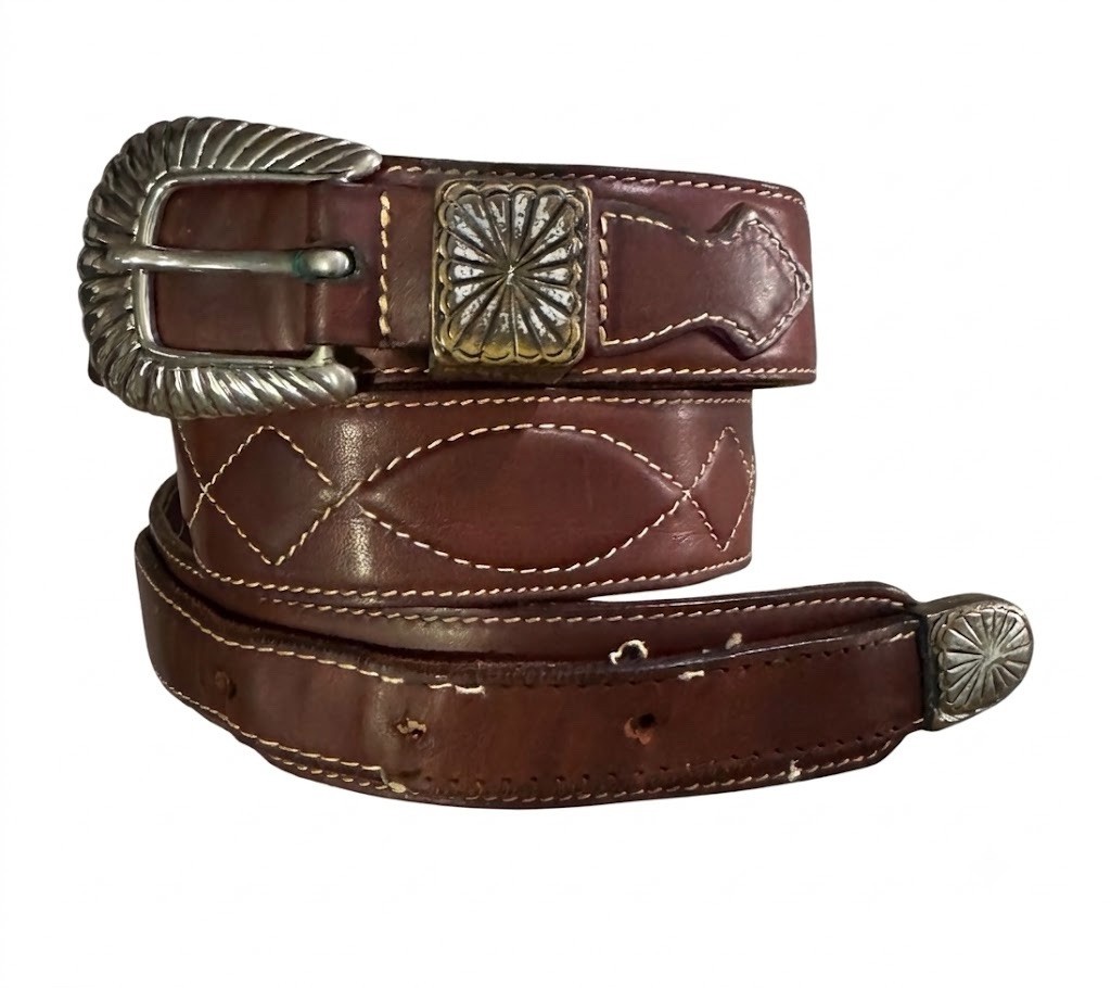 Willis & Geiger Vintage Western Belt w/ Metal Accents, NOTE LOOSE STITCHING