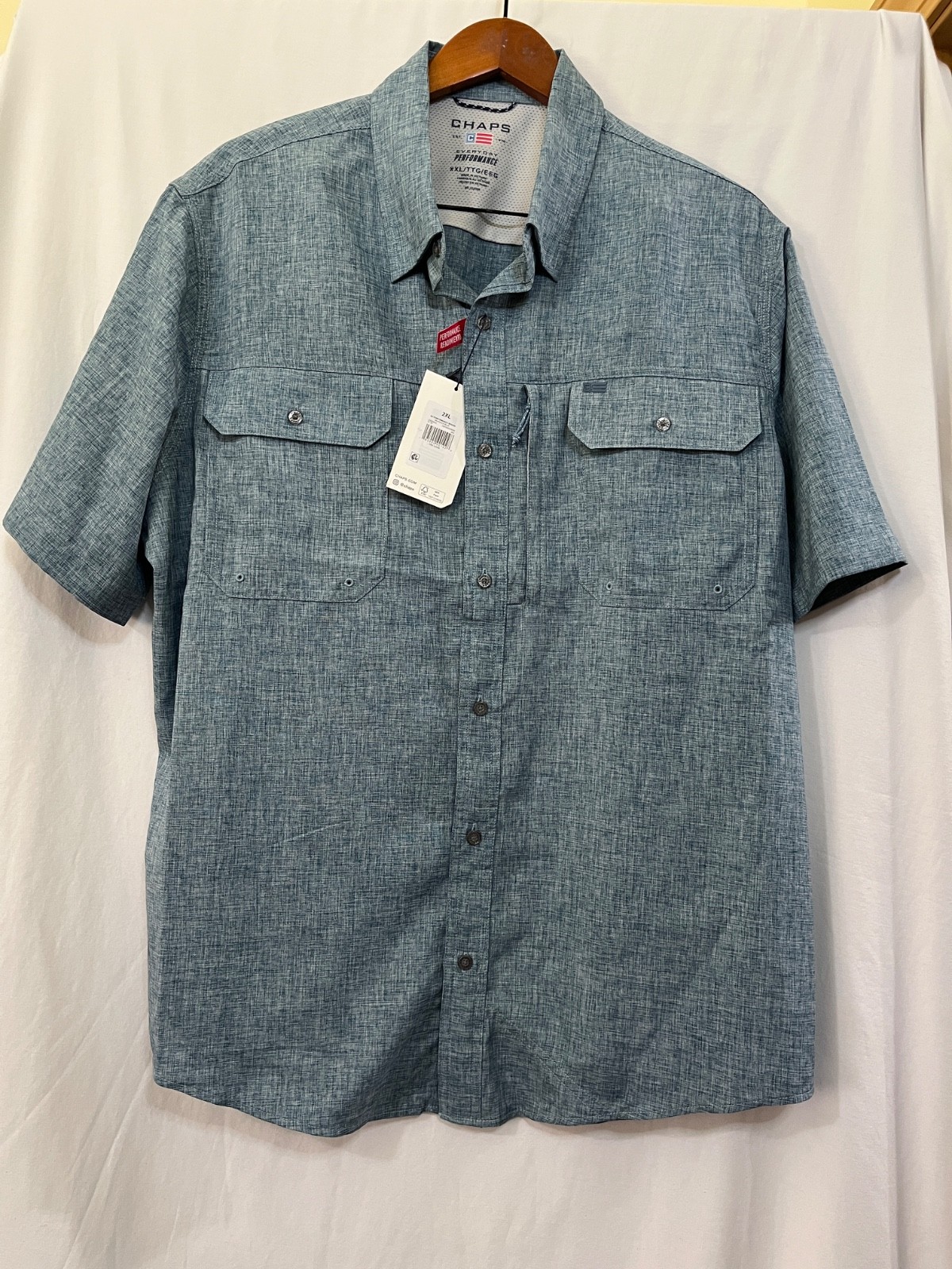 CHAPS Everyday Performance Mens Size L Short Sleeve Button Up Denim Blue New