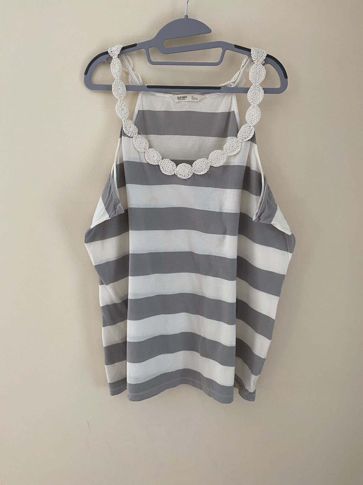 Old Navy Gray/Ivory Striped Sleeveless Top w/Crocheted Trim Sz XXL