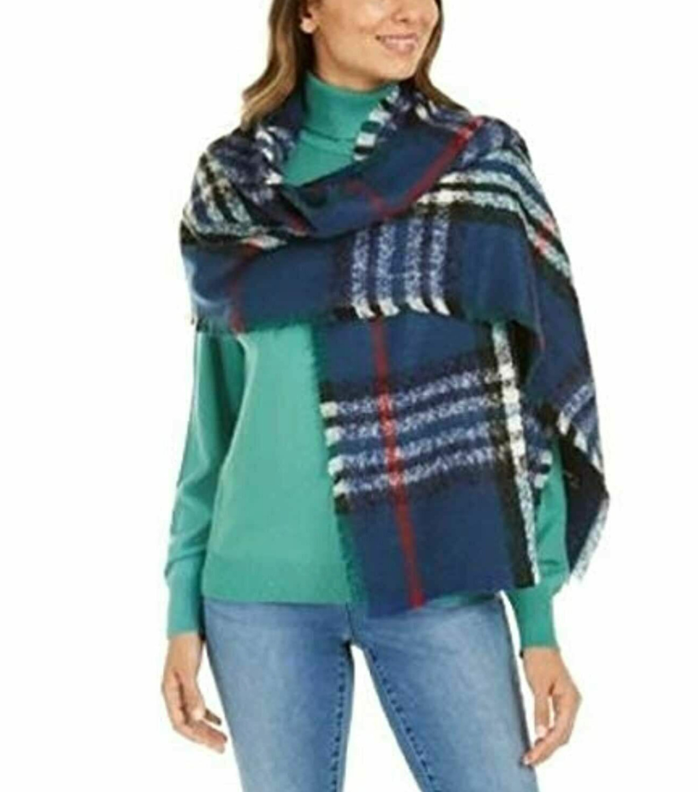 V. Fraas Women’s Bouclé Plaid Wrap Winter Scarf Wrap Bright Blue One Size #122