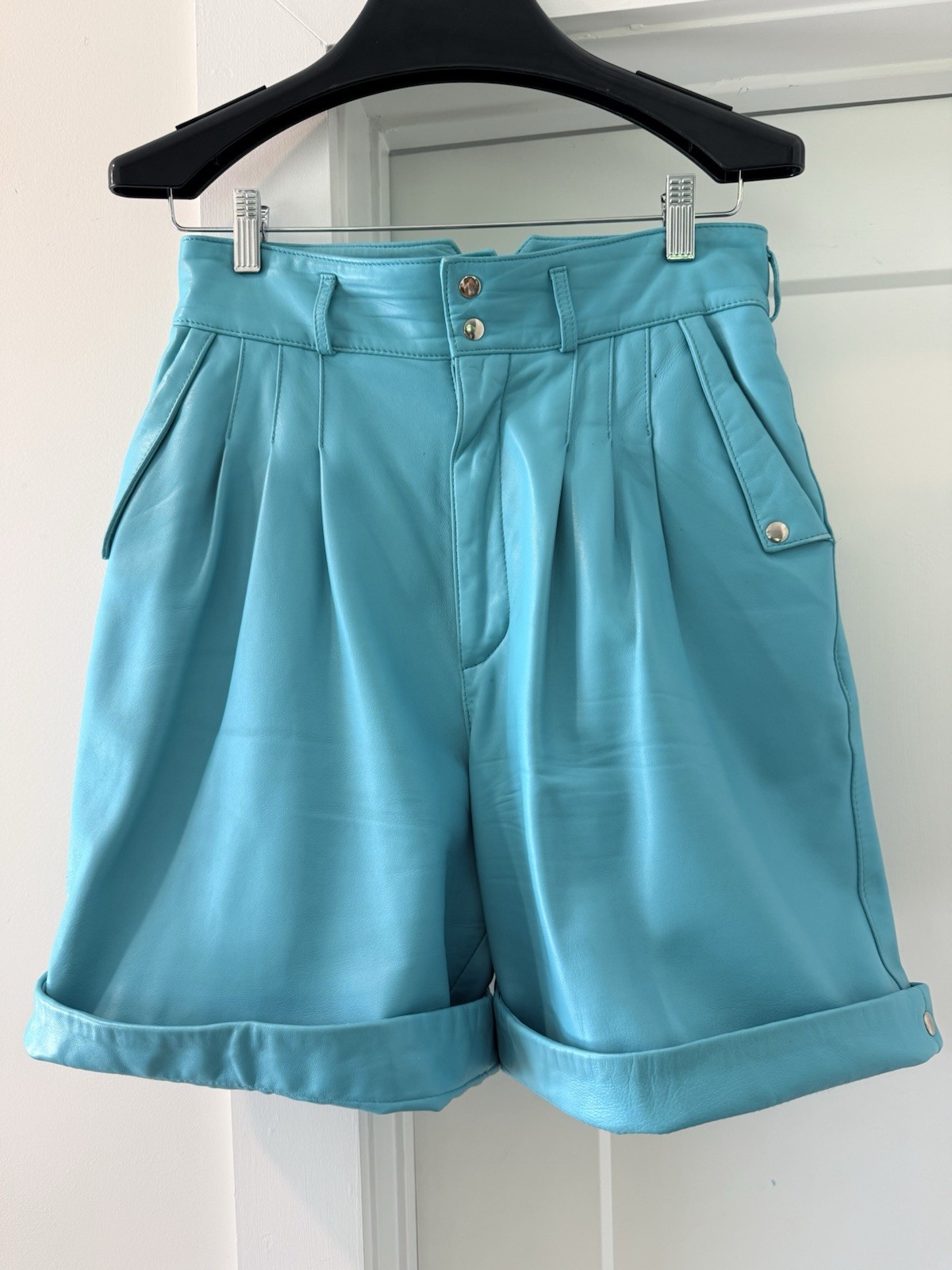 Vintage 90s Michael Hoban North Beach Leather Shorts Turquoise High Waisted