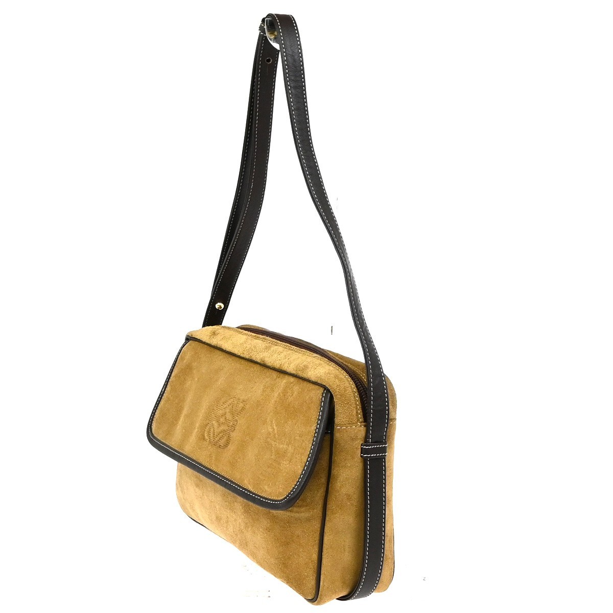 LOEWE Logo Anagram Shoulder Hand Bag Suede Leather Brown GHW 35YJ077