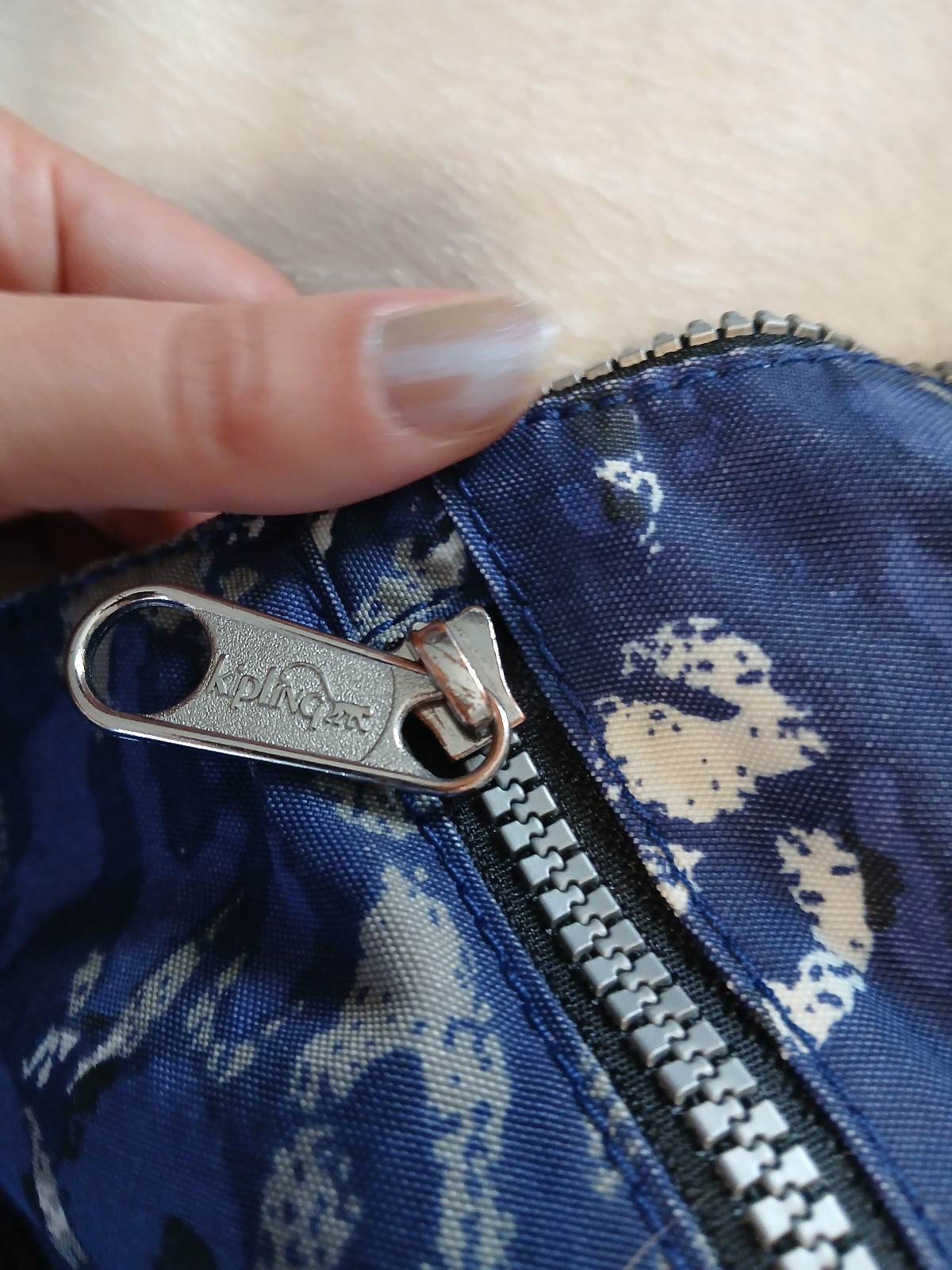 Kipling Blue Black Pattern Shoulder Crescent Bag With Monkey Keychain