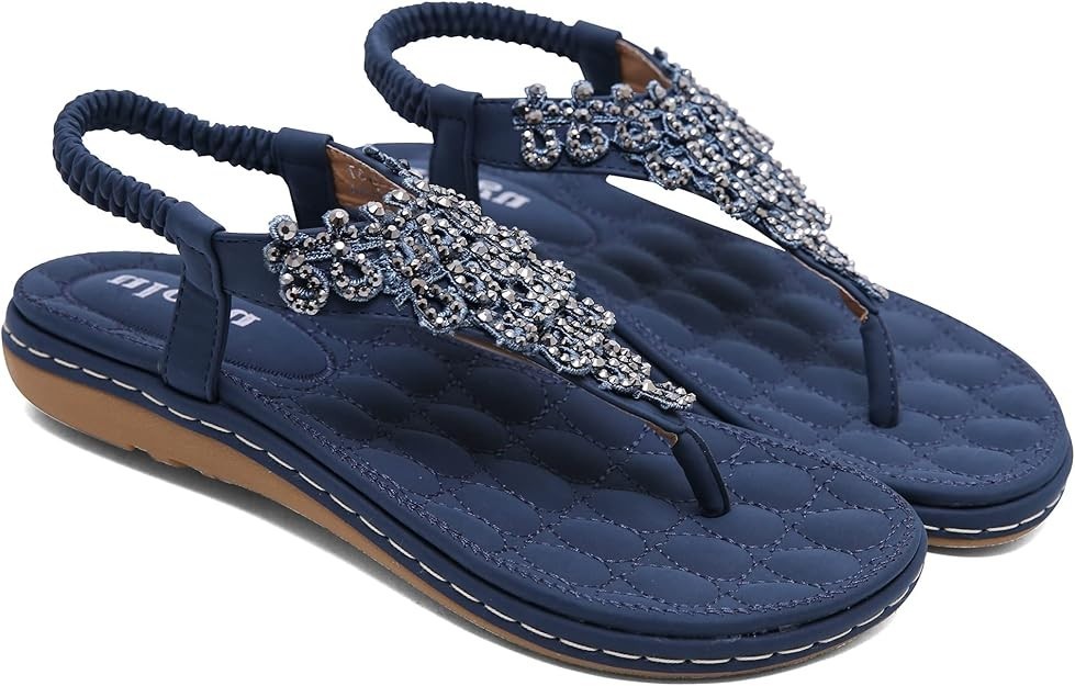 Women’s Boho Rhinestone Flat Thong Sandals Navy Blue Dressy Beach Flip Flop Mule