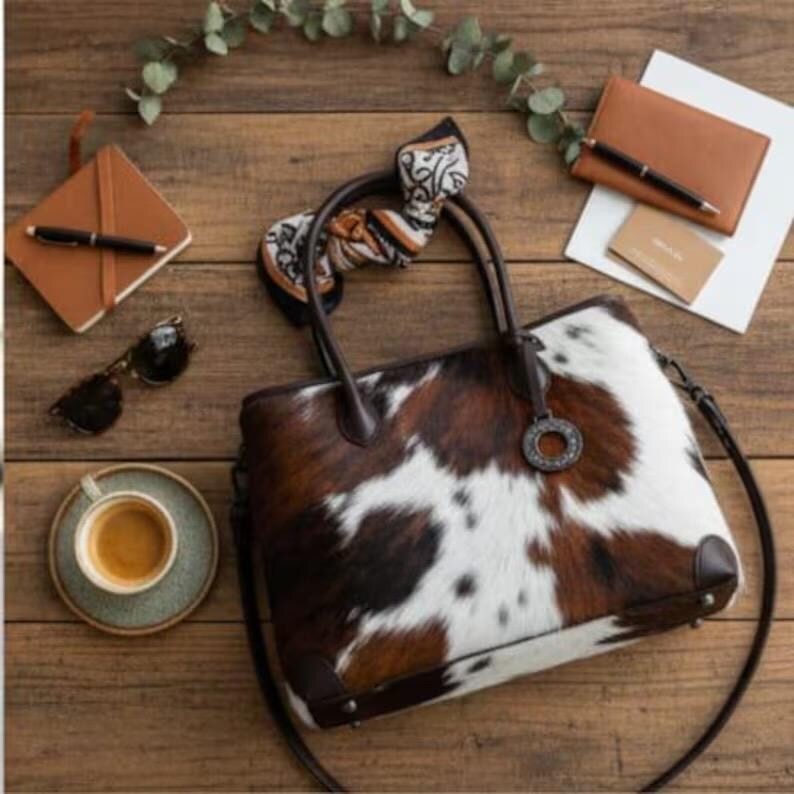 Handmade Genuine Cowhide Leather Tote Bag – Brown & White Hair On Leather Should
