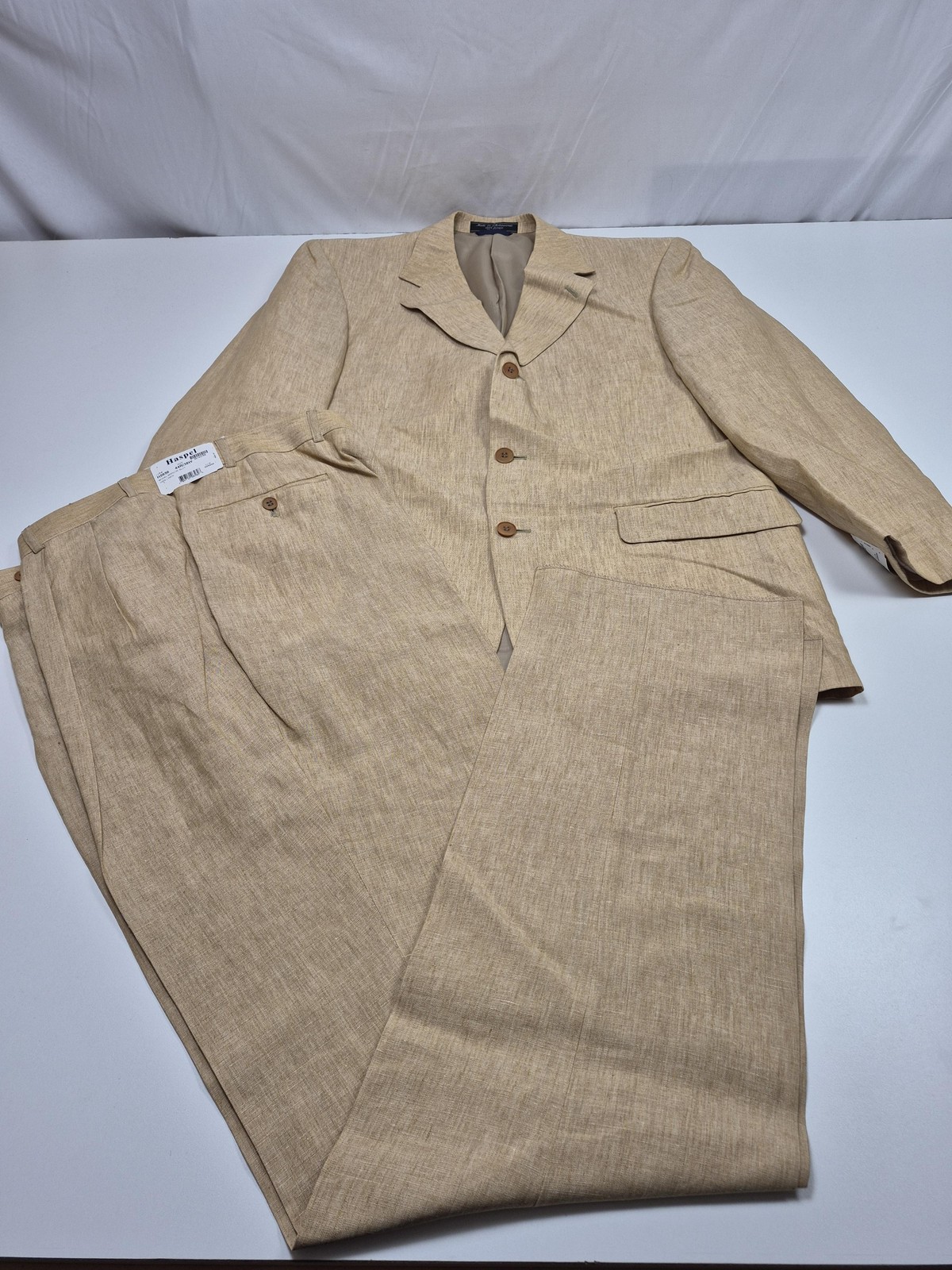 VTG Haspel Suit Men’s 44 Beige 100% Linen 2 Piece 38×36 Manor Pleated NWT