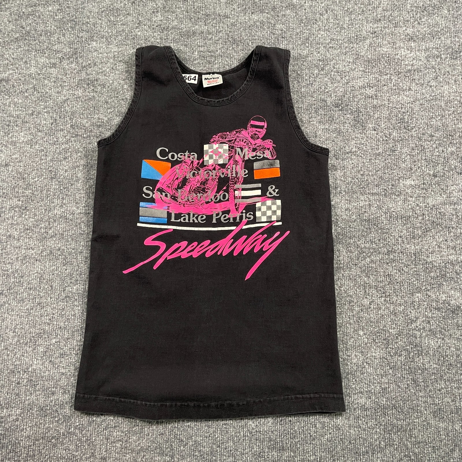 Vintage 90s Costa Mesa Speedway Dirt Bike Motorcyle Tank-Top Small 17×26 Black