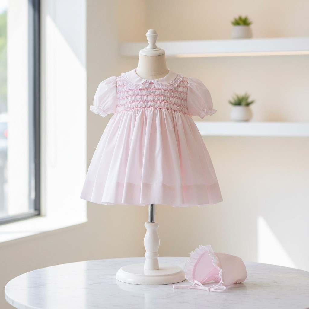 NWT Petit Ami Pink Smocked Lace 3PC Dress 6 Month Baby Girls Bonnet 6M Bloomers