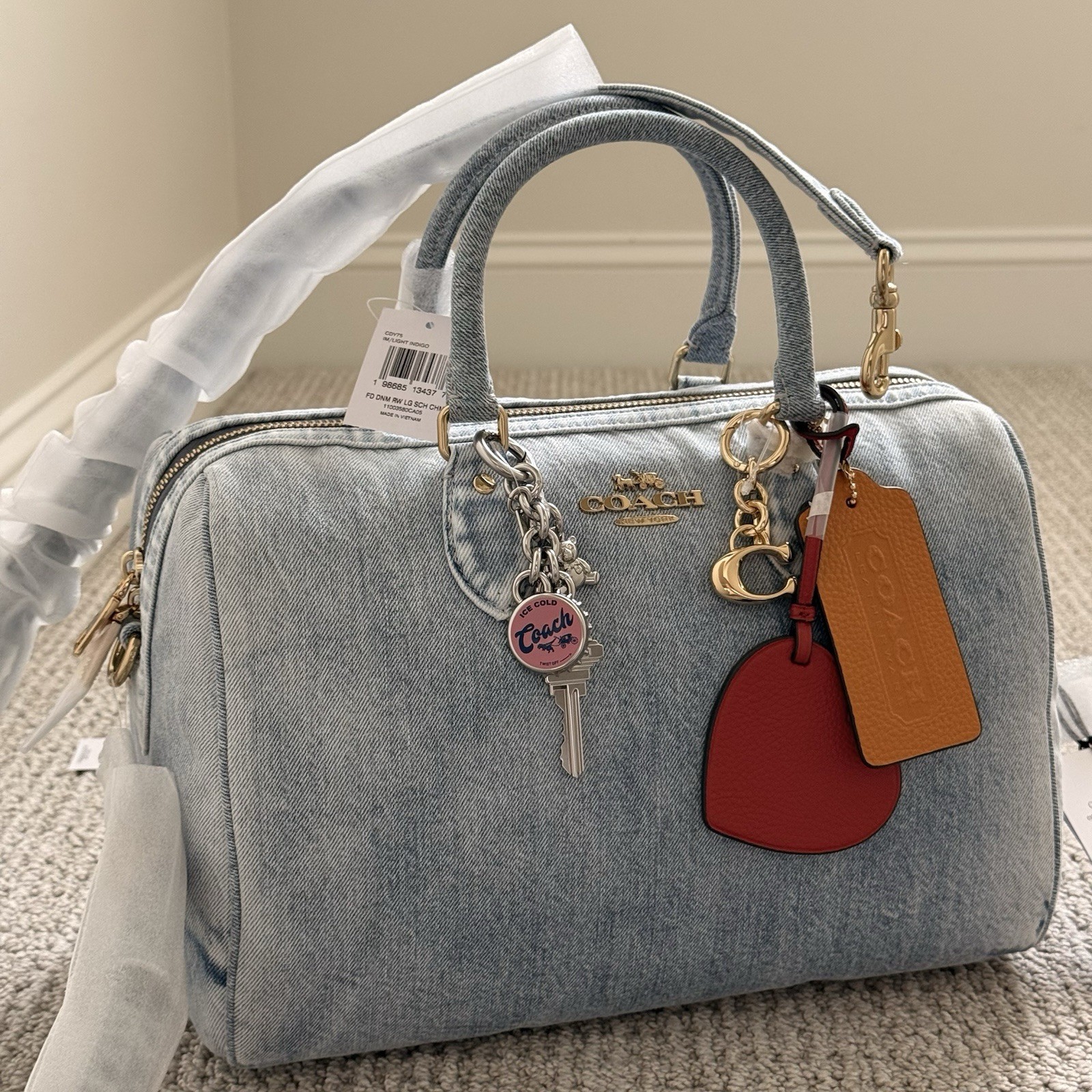 NWT COACH Rowan Large Satchel Bag In Loved Denim With Charms CDY75 Light Indigo