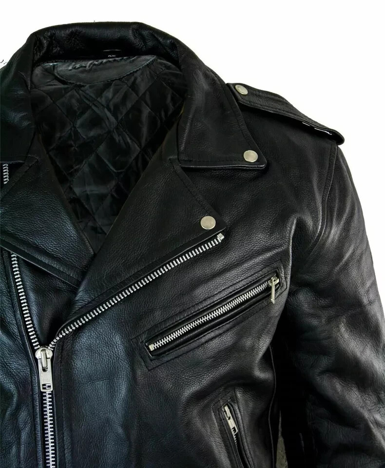 Men’s Motorcycle Leather jacket Genuine Buffalo Skin Brando Style Black Biker