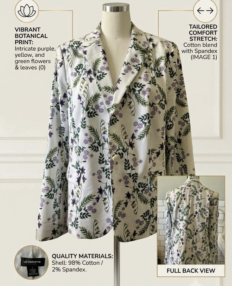 Liz Claiborne Women’s L White Floral Blazer Purple Green Yellow Stretch Button