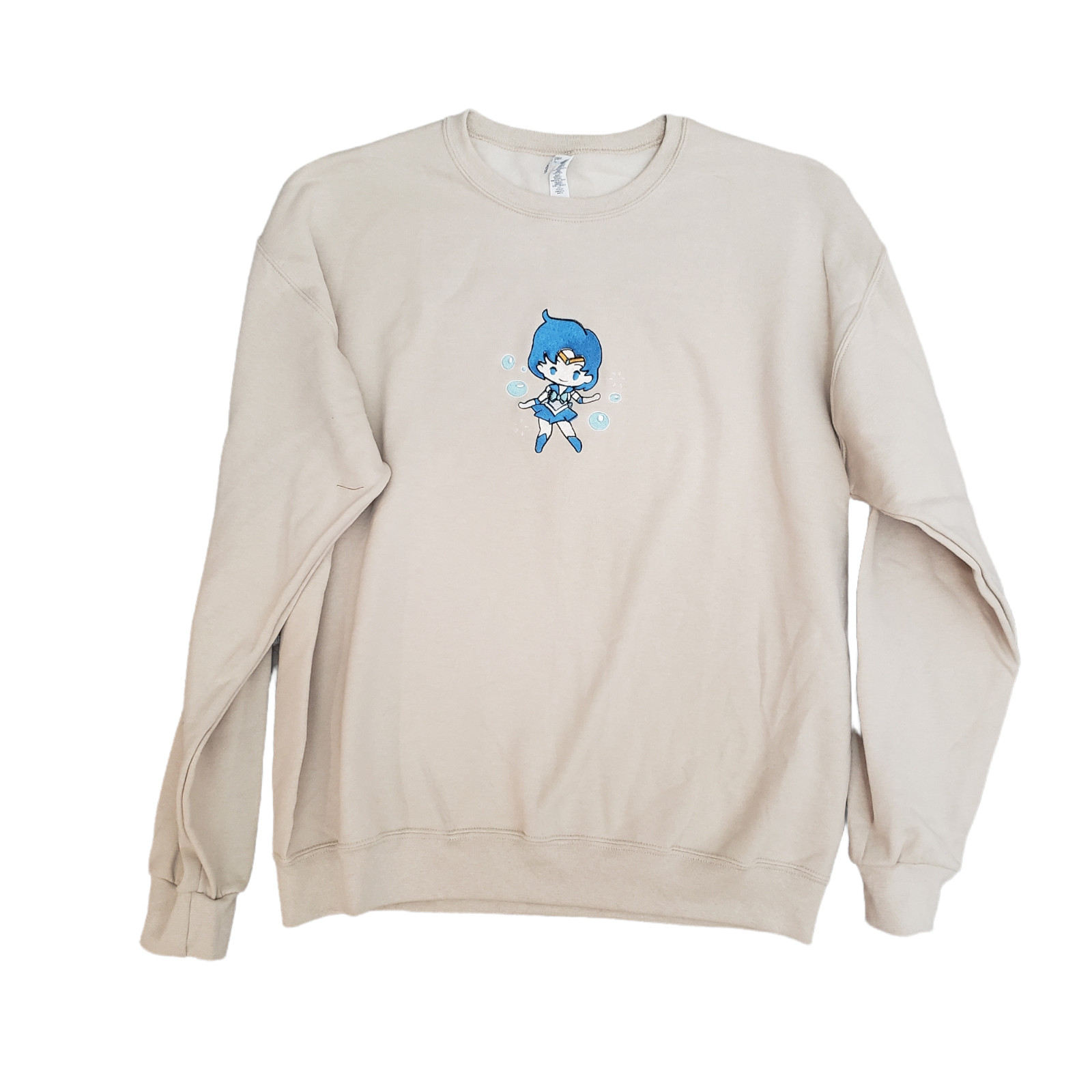 Sailor Mercury Embroidered Crewneck Sweater Beige Size L Kawaii Anime Crystal
